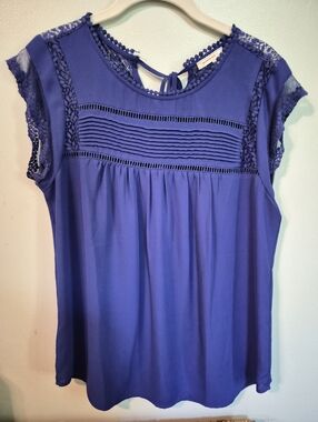 Meadow Rue Royal Blue Lace-Trim Pleated Yoke Top